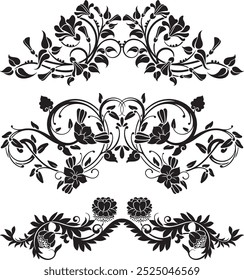 Floral vector symmetrical ornaments set, created by author, not AI generated. Various flowers, leaves and swirls, made in traditional Japanese and Chinese styles. Exquisite wedding decoration designs.