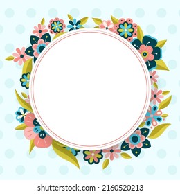Floral vector template with copy space. Isolated light banner or card design with naive flowers on dotted background