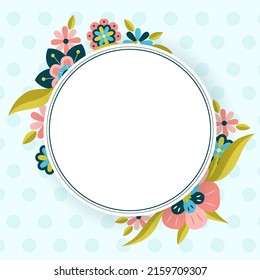 Floral vector template with empty space. Isolated light banner or card design with naive flowers on dotted background