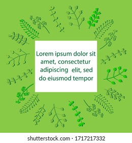 Floral vector template greeting card in a Scandinavian style . Round Hand drawn frame with the contours of the herbal plants . Space for text