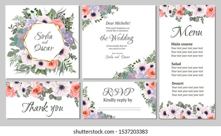 Floral vector template for invitation. Invitation card, thanks, rsvp, menu.  Polygonal golden frame, white anemones, pink roses, succulents, eucalyptus, berries, plants and flowers. 