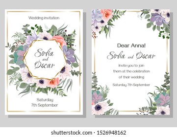 Floral vector template for invitation. Polygonal golden frame, white anemones, pink roses, succulents, eucalyptus, berries, plants and flowers. All elements are isolated.