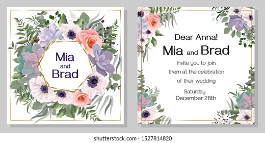 Floral vector template for invitation. Polygonal golden frame, white anemones, pink roses, succulents, eucalyptus, berries, plants and flowers. All elements are isolated.