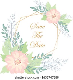 Floral vector template for invitation. Polygonal golden frame, white anemones, pink roses, succulents, eucalyptus, berries, plants and flowers. All elements are isolated.
