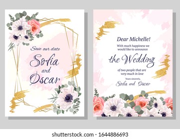 Floral vector template for invitation. Polygonal golden frame, white anemones, pink roses, eucalyptus, watercolor and gold strokes, plants and flowers. All elements are isolated.