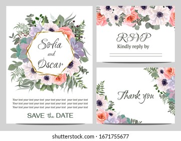 Floral vector template for invitation. Polygonal golden frame, white anemones, pink roses, succulents, eucalyptus, berries, plants and flowers. Invitation card, thank you, rsvp.