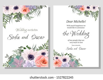 Floral vector template for invitation. White anemones, pink roses, succulents, eucalyptus, berries, plants and flowers. All elements are isolated.