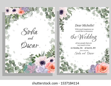 Floral vector template for invitation. White anemones, pink roses, succulents, eucalyptus, berries, plants and flowers. All elements are isolated.
