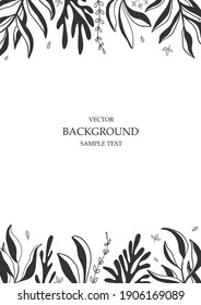 Floral vector template with leaves, plants for greeting card. Silhouette of abstract natural elements. Vector plant print for holiday poster, background, cover, banner, invitation, greeting card. 