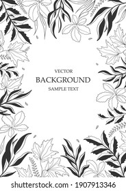 Plantilla vectorial floral con hojas, plantas para tarjeta de saludo. Resumen de elementos naturales. Impresión de planta vectorial para afiche de vacaciones, fondo, portada, cartel, invitación. Diseño minimalista y moderno.