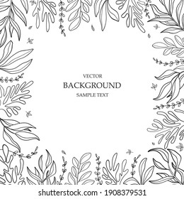 Floral vector template with leaves, plants for greeting card. Silhouette of abstract natural elements. Vector plant print for holiday post, background, cover, banner, invitation.  Trendy design 