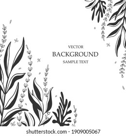 Floral vector template with leaves, plants for greeting card. Silhouette of abstract natural elements. Vector plant print for holiday post, background, cover, banner, invitation. Trendy design.