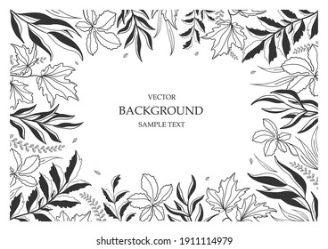 Floral vector template with leaves, plants for greeting card. Silhouette of abstract natural elements. Vector plant print for holiday poster, background, cover, banner, invitation. Trendy design.