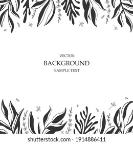Plantilla vectorial floral con hojas, plantas para tarjeta de saludo. Silhouette de elementos naturales abstractos. Imprimir para publicación de vacaciones, fondo, portada, banner, invitación. Diseño de moda.