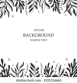 Plantilla vectorial floral con hojas, plantas para tarjeta de saludo. Silhouette de elementos naturales abstractos. Imprimir para publicación de vacaciones, fondo, portada, banner, invitación. Diseño de moda.