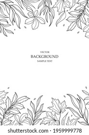 Floral vector template with leaves, plants for greeting card. Silhouette of abstract natural elements. Plant print for holiday poster, background, cover, banner, invitation. Trendy design.