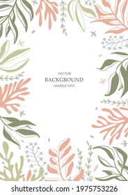 Floral vector template with leaves, plants for greeting card. Silhouette of abstract natural elements. Silhouette of plant. Print for holiday poster, background, cover, banner, invitation, postcard. 