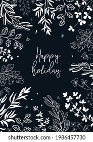 Floral vector template with leaves, plants for greeting card. Abstract natural elements. Plant print for holiday poster, background, cover, banner, invitation. Trendy design. Botanical art