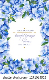 Floral vector template for wedding invitation, greeting background in blue colors. Frame with beautiful flowers, composition of hydrangea and leaves.