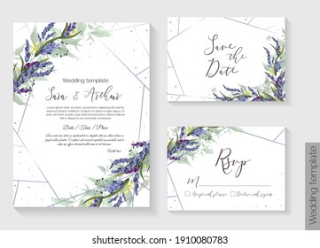Floral vector template for wedding invitation. Lavender, green leaves. Vector invitation set: square card for invitation, save the date, rsvp