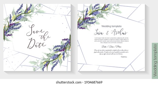 Floral Vector Template For Wedding Invitation. Lavender, Green Leaves. Vector Invitation Set.