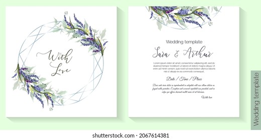 Floral vector template for wedding invitation. Lavender, green leaves, circular polygonal frame. Vector invitation set.