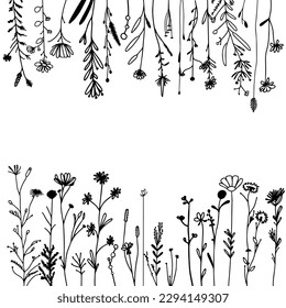 Floral vector template with wildflowers, plants for greeting cards. Abstract natural elements. Vector floral print for a festive poster, background, cover, banner, invitation. Minimalistic, fashionabl
