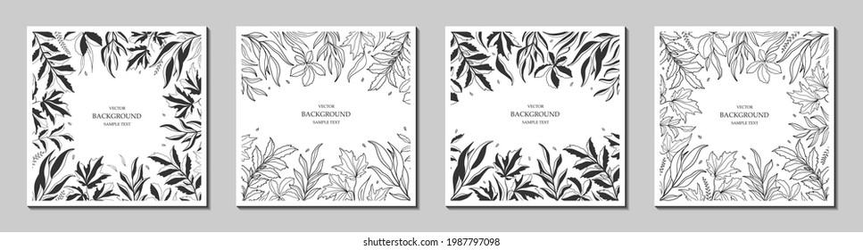 Floral vector templates with leaves, plants. Natural elements. Plant print for holiday posters, greeting cards, covers, banners, invitations. Set of backgrounds. Botanical art. Trendy design