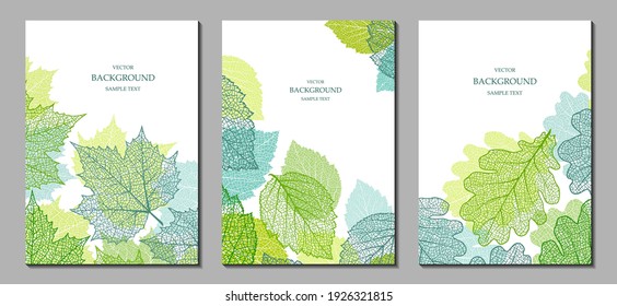 Floral vector templates with summer leaves. Plant print for holiday posters, greeting cards, covers, banners, invitations. Natural trendy design. Set of textured backgrounds. Botanical art.