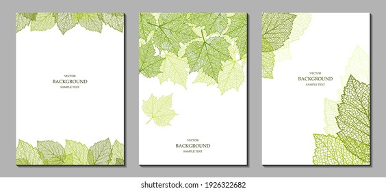 Floral vector templates with summer leaves. Plant print for holiday posters, greeting cards, covers, banners, invitations. Natural trendy design. Set of textured backgrounds. Botanical art.