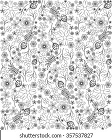 Floral vector texture from flowers, buds, twigs, leaves of different shapes in black color on white background