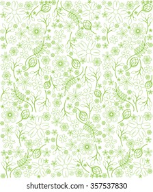 Floral vector texture from flowers, buds, twigs, leaves of different shapes of green on a white background