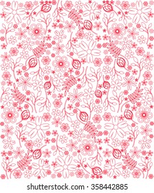 Floral vector texture from flowers, buds, twigs, leaves of different shapes in red on a white background