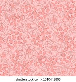 Floral vector texture look seamless pattern background with flowers and dots in trendy coral color. Perfect for textile and textures.