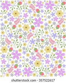 Floral vector texture from a variety of flowers, twigs and leaves in soft colors on a white background