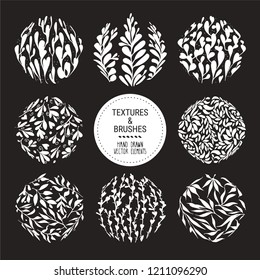 Floral vector textures for ornamental label, organic branding, fashion textile and botanical prints. Hand drawn plants, herbs, leaves, stems backdrops. Botanical round pattern, plant ornamentation.
