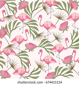 Floral vector tropical pattern,spring summer background with exotic flowers,pink flamingos,palm leaves,jungle leaf.Botanical wallpaper, illustration,Hawaiian style.For textile,prints,wallpaper.