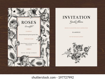 Floral vector vertical vintage invitation. Set. Black and white Garden Roses.