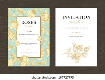 Floral vector vertical vintage invitation. Set. Gold Garden Roses on mint background.