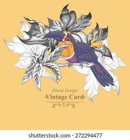 Floral Vector Vintage Card with Exotic Flowers and Toucan. Vector Design element. 