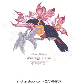 Floral Vector Vintage Card with Exotic Flowers and Toucan. Vector Design element. 