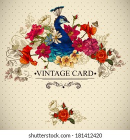 Floral Vector Vintage Card with Peacock and Butterflies. Victorian style. Vector Design element. 