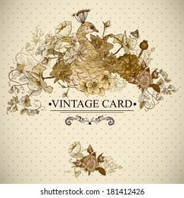 Floral Vector Vintage Card with Peacock and Butterflies. Victorian style. Vector Design element. 