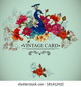 Floral Vector Vintage Card with Peacock and Butterflies. Victorian style. Vector Design element. 