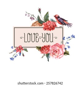 Floral Vector Vintage Card with roses, hyacinths, wild flowers and bird in vintage style, Watercolor illustration