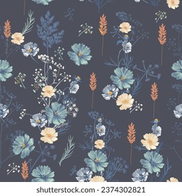 Patrón vectorial floral vintage en estilo elegante con flores cosmos