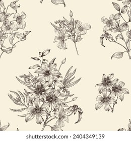 Flores vintage vintage sin costuras de patrón clematis marrón en beige. Fondo dibujado a mano.Monocromo. Textiles, papel, decoración de papel pintado