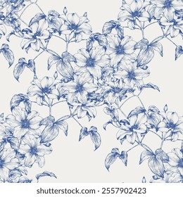 Floral vector vintage seamless pattern flowers of Clematis blue  beige. Toile square cell ornament. Hand drawn elements. Monochrome. Background for design wedding, textiles, paper, wallpaper, decor