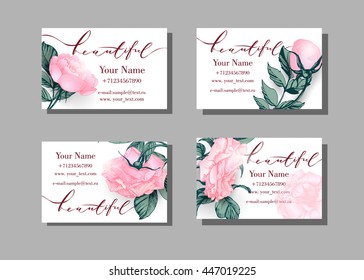 Floral vector visiting or business card template with roses on a white background.