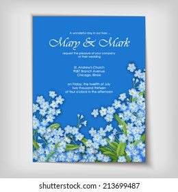 Floral vector wedding greeting or invitation design with blue forget-me-not flowers